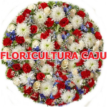 26 - COROA DE FLORES BRANCA VERMELHA COM TONS AZUIS